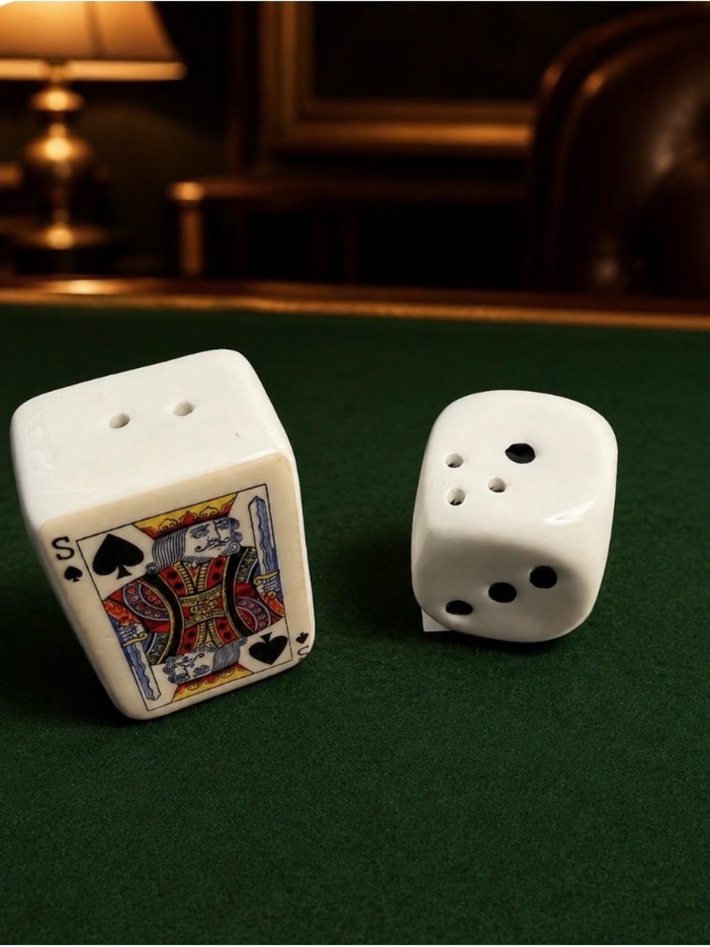 Cracker Barrel Mini White Ceramic Card Face & Dice Salt and Pepper Shakers